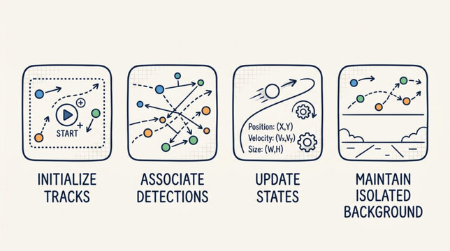 The process of initializing tracks, associating detections, updating states, and maintaining isolated background in a scientific setting with technology and data visualization.