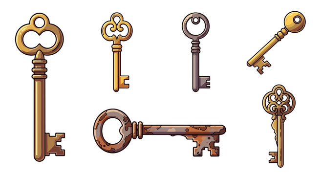 Collection of vintage keys isolated on white background illustrative design