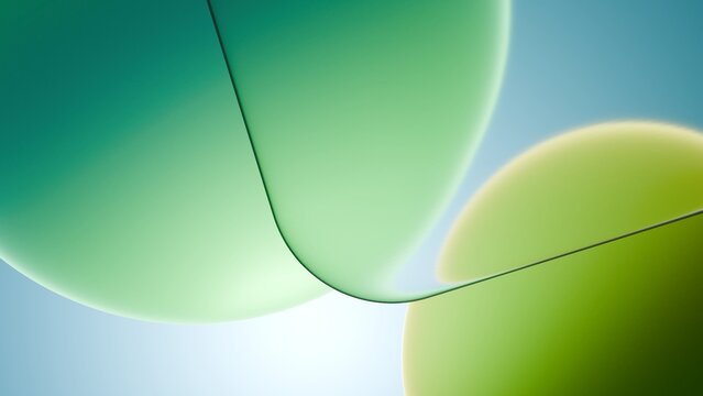 Abstract 3D geometric design with smooth green and lime spheres on a soft blue background. Minimalist futuristic wallpaper