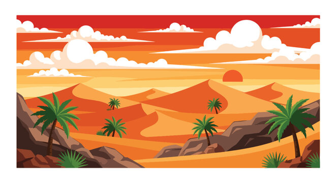 Flat style vector of a Moroccan Middle East desert landscape with sand dunes and oasis vegetation, representing natural beauty and adventure tourism