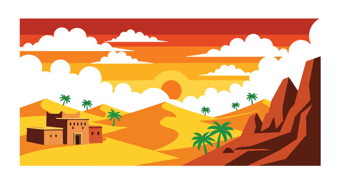 Flat style vector of a Moroccan Middle East desert landscape with sand dunes and oasis vegetation, representing natural beauty and adventure tourism