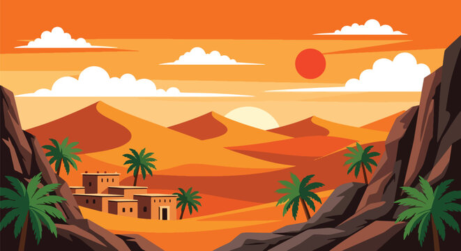 Flat style vector of a Moroccan Middle East desert landscape with sand dunes and oasis vegetation, representing natural beauty and adventure tourism