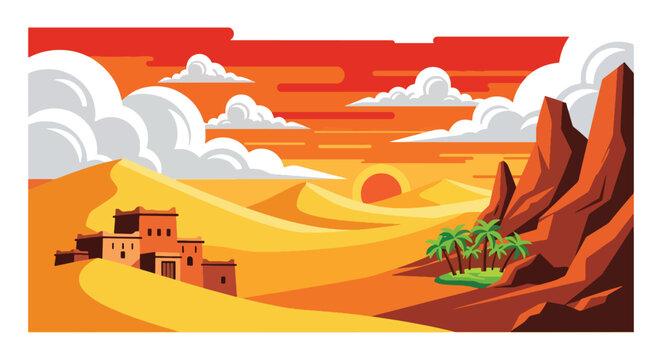 Flat style vector of a Moroccan Middle East desert landscape with sand dunes and oasis vegetation, representing natural beauty and adventure tourism
