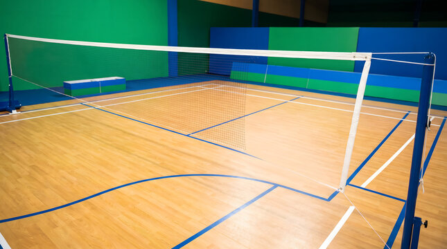 Indoor badminton court with wooden flooring empty net and marked lines
