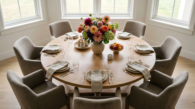 Round wooden dining table with eight upholstered chairs set for a meal featuring floral centerpiece and fruit bowl