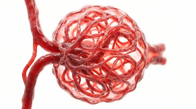 3d render of a human kidney glomerulus, a network of capillaries that filters blood, isolated on white background