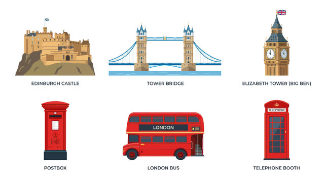Iconic British Landmarks: London Bus, Big Ben, Tower Bridge, Postbox, Edinburgh Castle