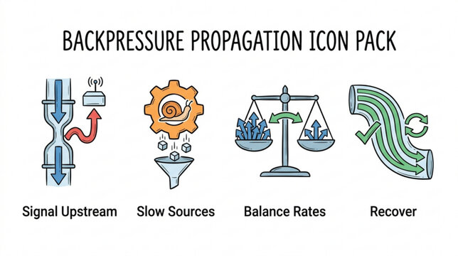 Technical Illustrations of Network Backpressure Propagation and Data Stream Flow Control Icons