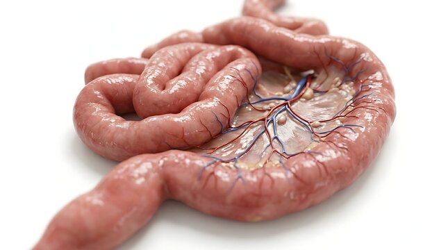 Anatomical 3d render of human small intestine with mesenteric blood vessels and lymph nodes