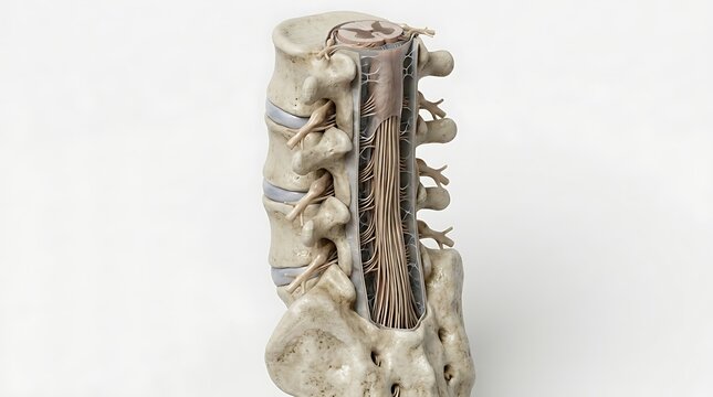 3d medical illustration of the human lumbar spine and spinal cord showing the cauda equina