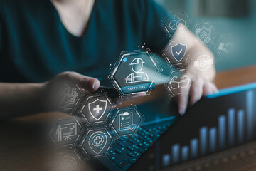 safety equipment worker compliance management policy protect.Digital workplace safety management interface displaying compliance, protection, risk control and occupational health standard © DK_STUDIO