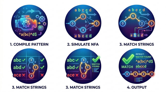 Visual Guide to Regular Expression Algorithms Detailing Pattern Compilation, NFA Simulation, and String Matching Process for Data Analysis Workflows