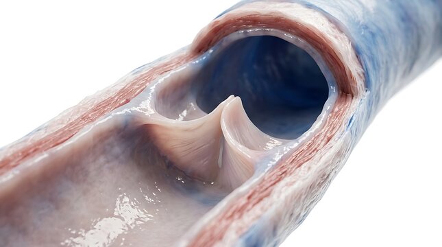 Cross section of a human vein showing a venous valve, medical 3d illustration isolated on white background