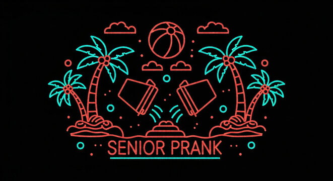 Senior prank illustration with palm trees and basketball.