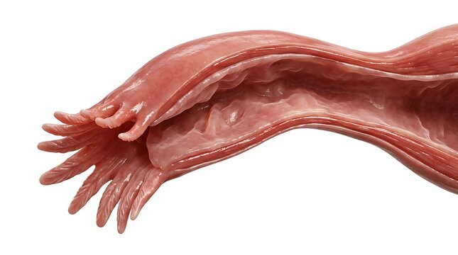 Anatomy of the human fallopian tube, showing fimbriae and internal structure in a cutaway view, isolated on white background