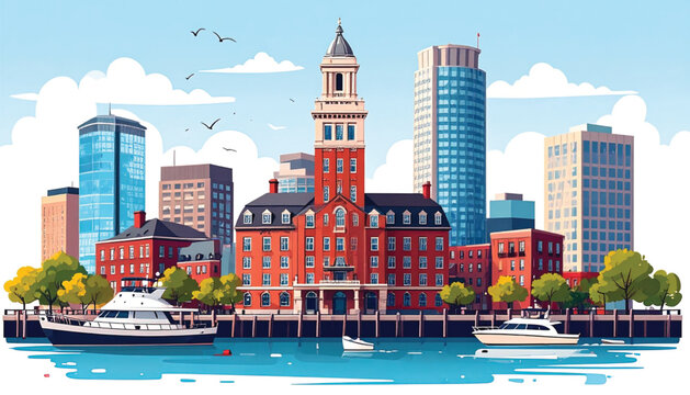 Boston Harbor Cityscape with Buildings.