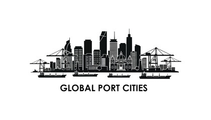 Fototapeta premium Global port cities skyline cargo ship graphic with shipping, logistics