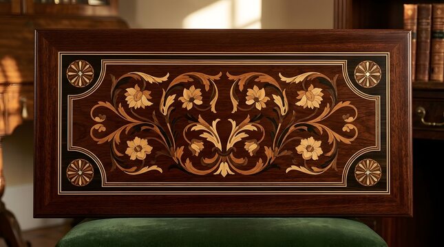Intricate wooden marquetry panel displays exquisite craftsmanship featuring floral motifs and scrolling vine patterns inlaid into rich dark mahogany grain with polished finish 