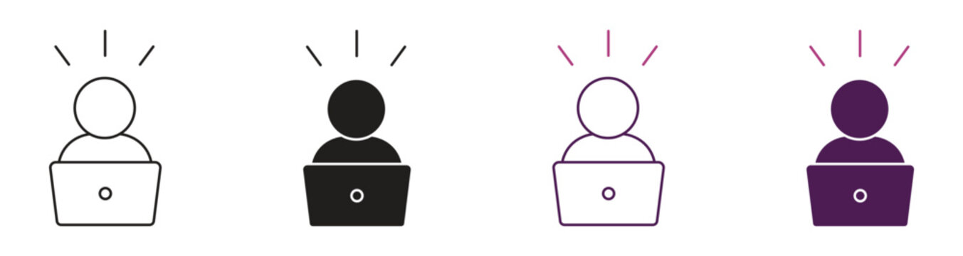 Working on laptop, remote worker, freelancer, office worker icon set, vector illustration.