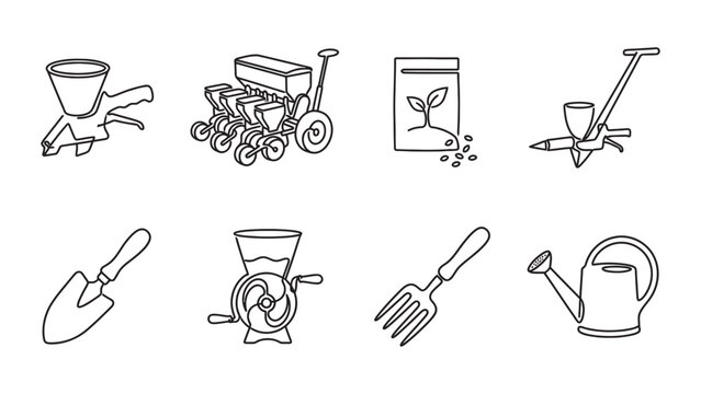 Set of eight hand drawn gardening and agricultural tools icons.