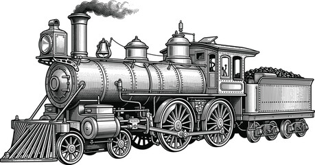 Vintage steam locomotive train vector illustration featuring classic old railway engine with smoke in hand drawn woodcut engraving style © Habiba