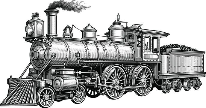 Vintage steam locomotive train vector illustration featuring classic old railway engine with smoke in hand drawn woodcut engraving style