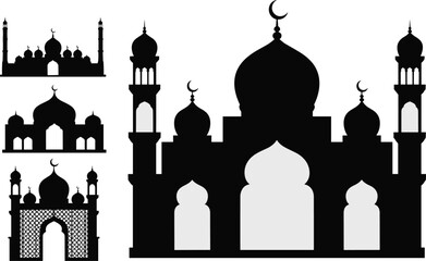 Set of black mosque silhouettes with domes and minarets isolated on white background for islamic holiday celebrations © Tanzila