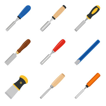 colorful illustration of various chisels with different handles
