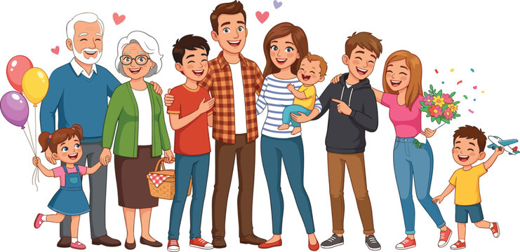 Happy big family vector illustration featuring multigenerational relatives including grandparents parents teenagers children and a baby standing together