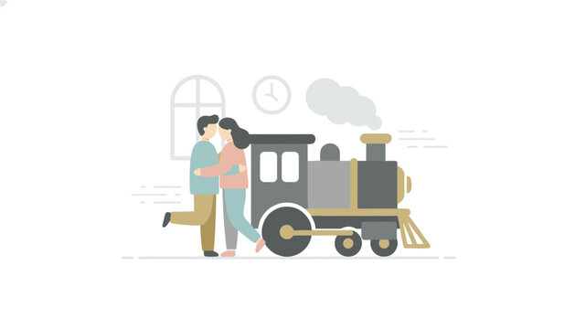 Couple embraces affectionately in front of a vintage steam locomotive train engine for romantic travel, vacation, or sentimental relationship marketing and storytelling.