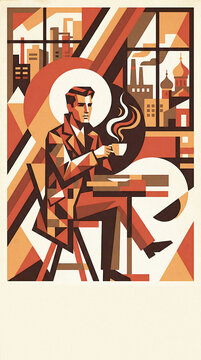 Man drinking hot coffee at table in soviet constructivist style poster. Geometric cityscape background with industrial architecture.