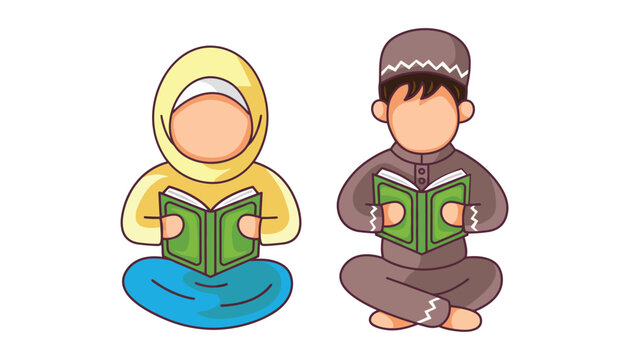Muslim children reading quran religious education illustration