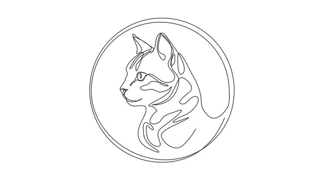 animated minimalist continuous line drawing of a cat profile inside a circular frame, line art animation