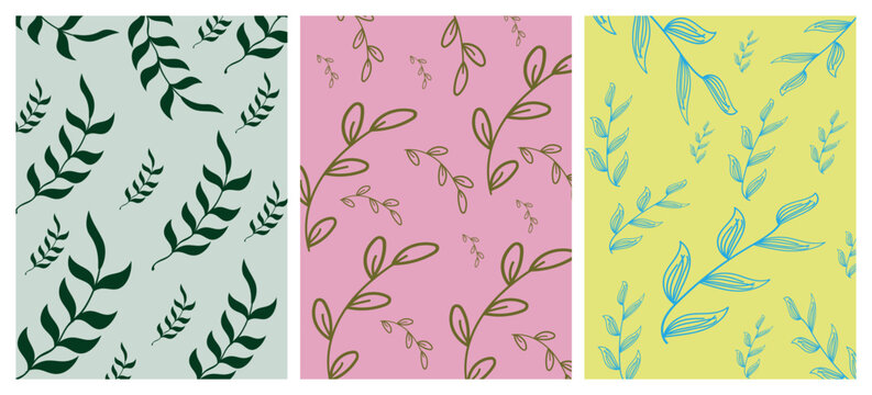 Seamless botanical leaf pattern collection with elegant foliage motifs in pastel backgrounds, Abstract botanical foliage pattern bundle with colorful seamless leaf ornament backgrounds