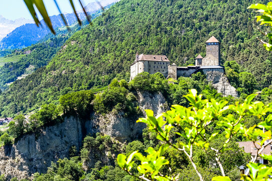 Dorf Tirol, Schloss Tirol, Algund, Weinberg, Weinpergola, Landwirtschaft, Wanderweg, Waalweg, Vinschgau, S&uuml;dtirol, Texelgruppe, Fr&uuml;hling, Sommer, Italien