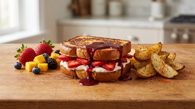 Grilled Sandwich Filled With Strawberries on Rustic Board Gourmet Style