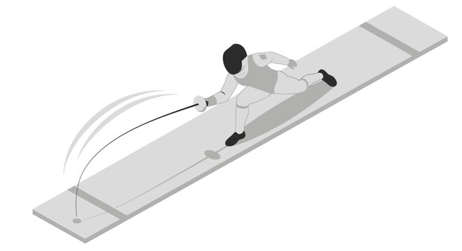Fencer performing a lunge on competition piste with swoosh motion