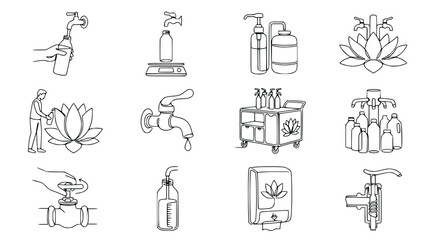 Water dispenser icons, lotus flower, soap, bottle, tap, hand, valve, scale, cart © Kejar