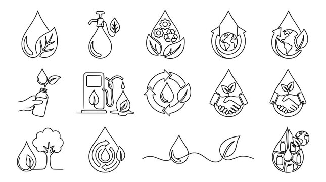 Eco-friendly icons: water drop, leaf, recycling, earth, gas pump, handshake, tree