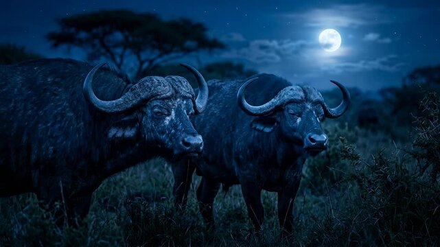 two buffalo close up under moonlight blue light africa savanna video