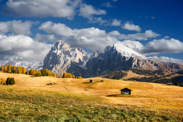 Sassolungo rises above golden meadows on Alpe di Siusi beneath dramatic clouds. Autumn landscape in the Dolomites with mountain huts and alpine pastures © Ivan Kmit
