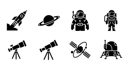 Space Exploration Icons: Rocket, Astronauts, Planets, Telescope, Satellite, Lander © Tania