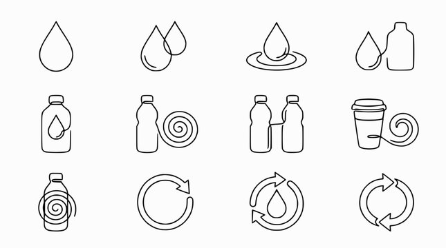 Water drop and bottle icons, recycling symbol, hand drawn line art, clean design