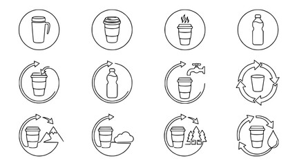 Reusable drinkware icons with recycling and environmental themes © Kejar