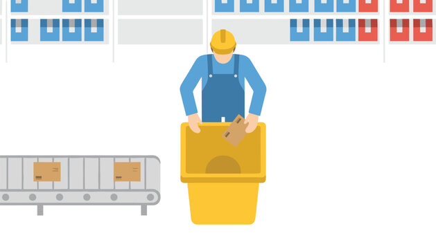 Warehouse worker wearing yellow hard hat and blue overalls places cardboard parcel into large yellow sorting bin on factory floor.