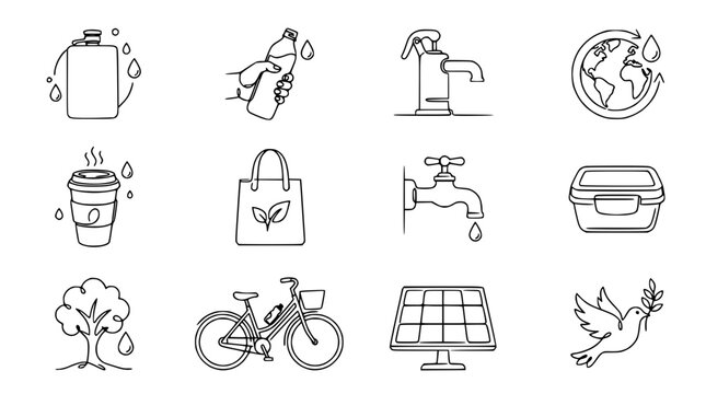 Eco-friendly Lifestyle Icons: Water, Energy, Sustainability, Nature, Transport, Peace
