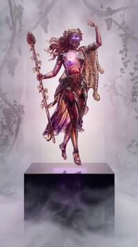 Celestial Translucent Wine Red Crystal Mythic Female Frenzied Follower Of Greek Levitating Above Obsidian Pedestal
