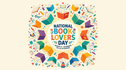 Naklejka premium Colorful celebration infographic promotes national book lovers day with vibrant books reading joy
