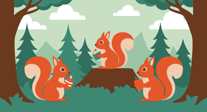 Cute red squirrels playing in a stylized forest landscape with trees and stumps.