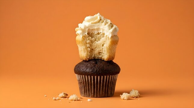 Bitten vanilla cupcake stacked on a chocolate cupcake against orange background